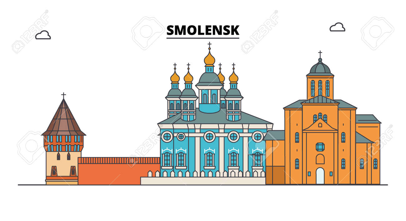 Russia, Smolensk. City skyline: architecture, buildings, streets, silhouette, landscape, panorama. Flat line vector illustration. Russia, Smolensk outline design. - 116432840 Russia, Smolensk. City skyline: architecture, buildings, streets, silhouette, landscape, panorama. Flat line vector illustration. Russia, Smolensk outline design. - 116432840