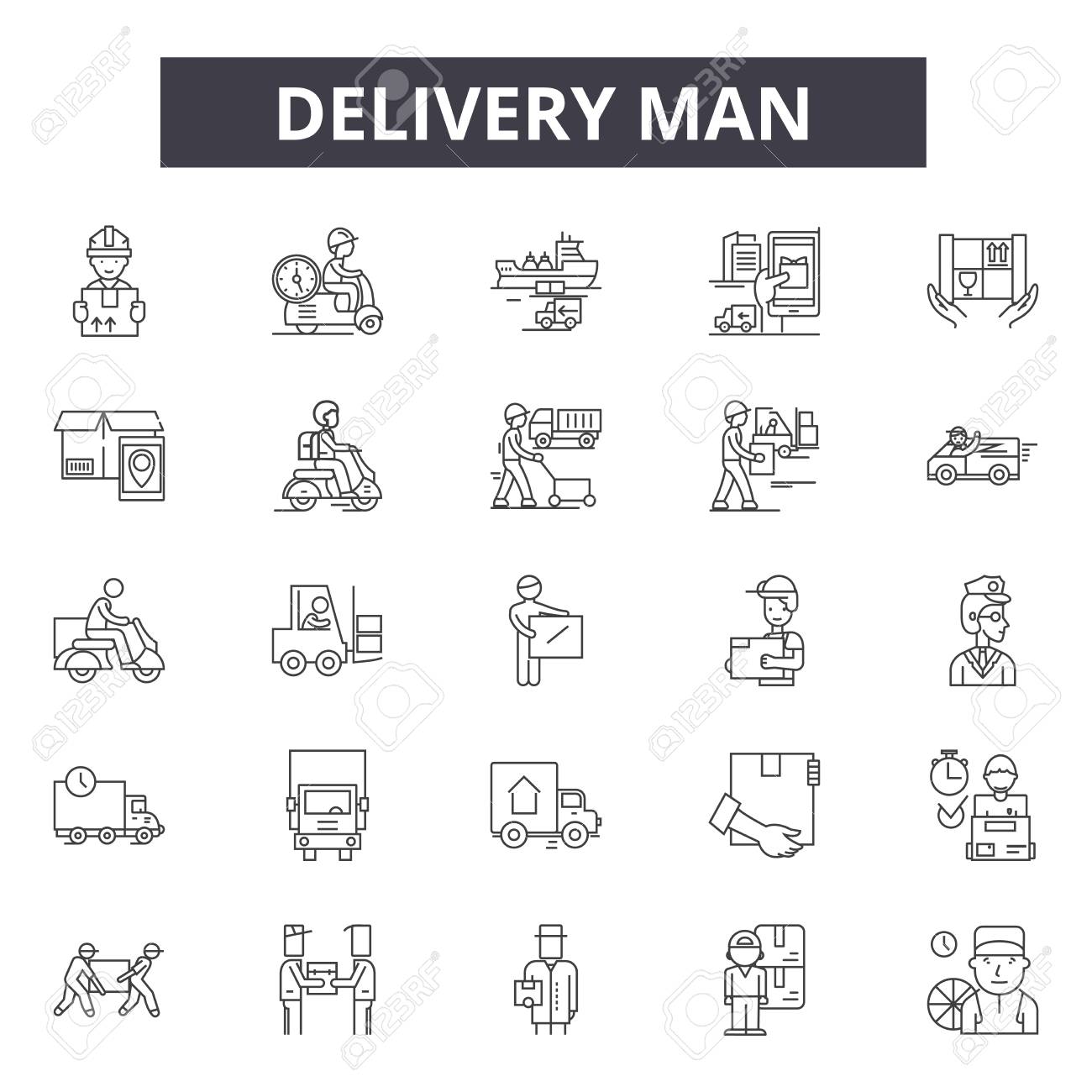 Delivery man line icons, signs set, vector. Delivery man outline concept illustration: man,delivery,service,box,courier,worker,package,job - 120895049 Delivery man line icons, signs set, vector. Delivery man outline concept illustration: man,delivery,service,box,courier,worker,package,job - 120895049