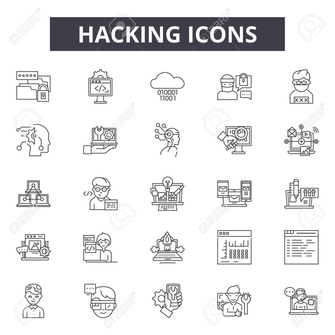 ハッキングラインアイコン、標識セット、ベクトル。ハッキングアウトラインの概念図:ハッキング、保護、セキュリティ、ハッカー、安全性、コンピュータ、ウェブ、データのイラスト素材・ベクター  Image 120896346
