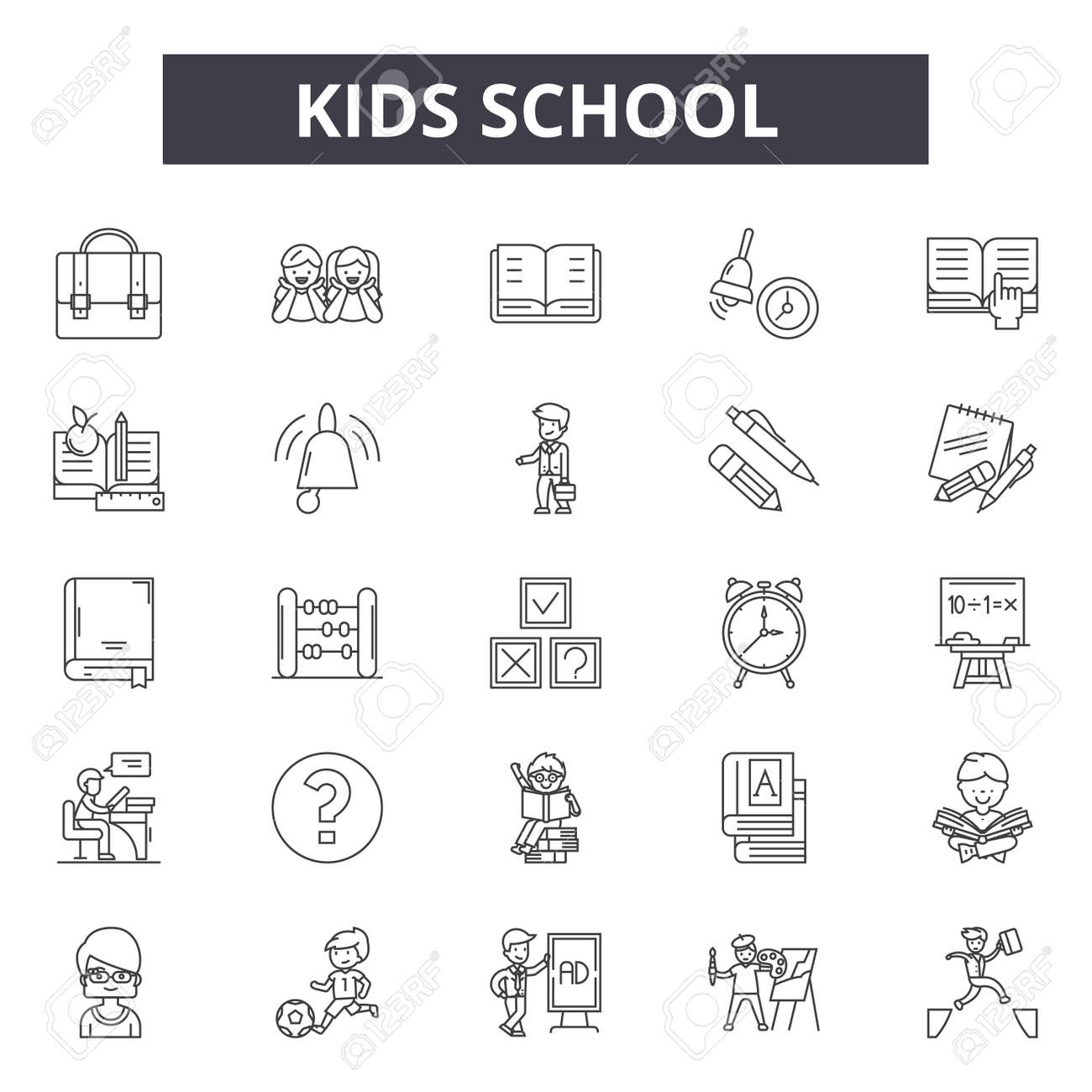 Kids school line icons, signs set, vector. Kids school outline concept illustration: school,education,book,kid,bus - 123582108 Kids school line icons, signs set, vector. Kids school outline concept illustration: school,education,book,kid,bus - 123582108