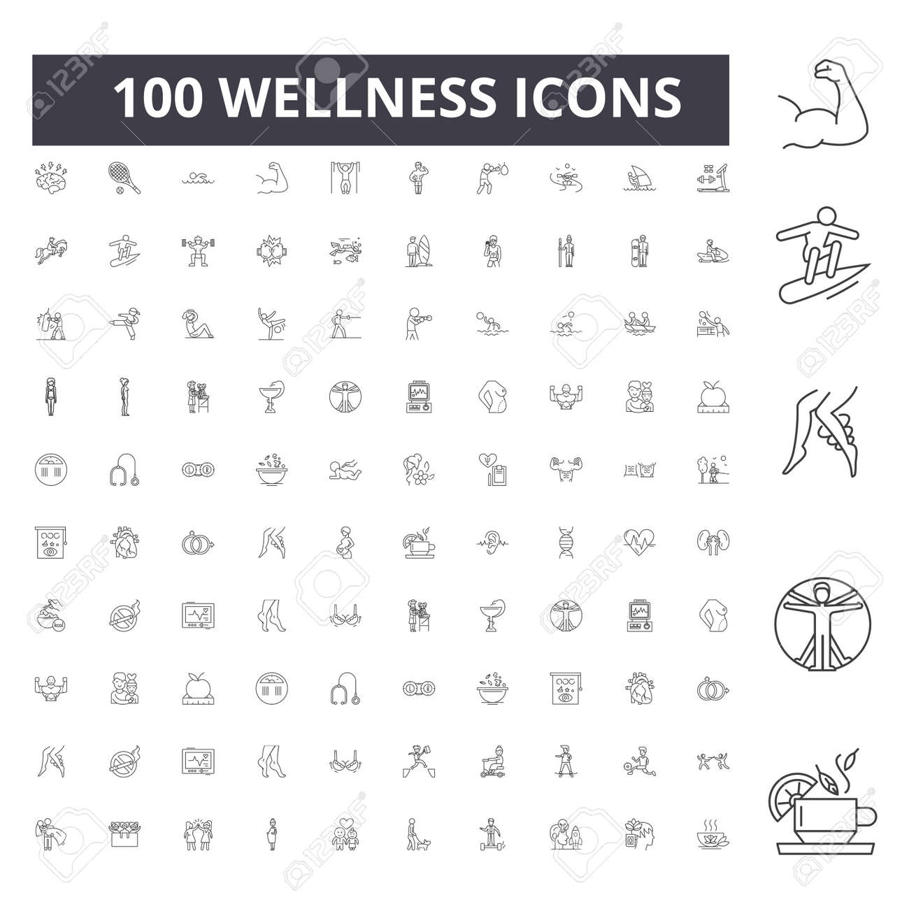 Wellness line icons, signs, vector set, outline concept illustration - 123723304 Wellness line icons, signs, vector set, outline concept illustration - 123723304