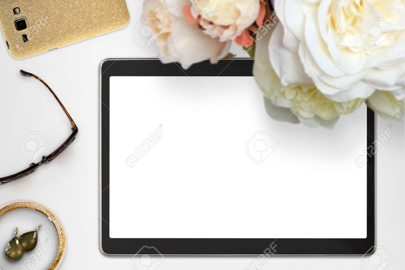 Top view scene with tablet device, jewelry and bouquet of peonies. Styled stock photography. Digital product mockup. - 59027905 Top view scene with tablet device, jewelry and bouquet of peonies. Styled stock photography. Digital product mockup. - 59027905