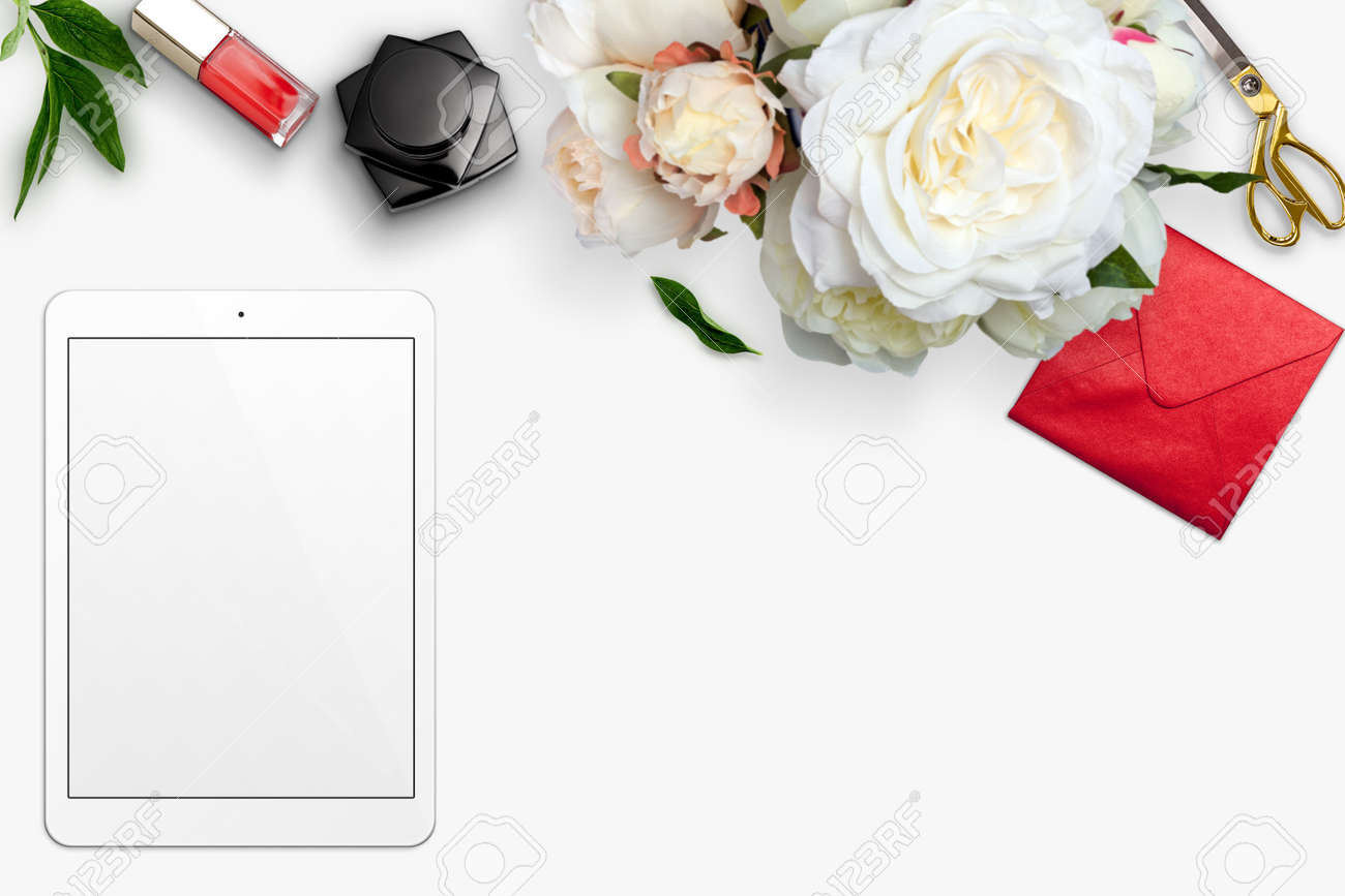 Top view scene with tablet, bouquet of peonies and stationery over white background. Styled stock photography. Digital product mockup. - 59035251 Top view scene with tablet, bouquet of peonies and stationery over white background. Styled stock photography. Digital product mockup. - 59035251