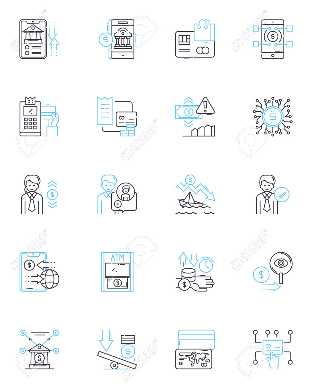 キャッシュフロー線形アイコン セット。流入、流出、流動性、予算編成、買掛金、売掛金、経費ラインベクトル、コンセプトサイン。収益、投資、収入の概要イラストのイラスト素材・ベクター  Image 203287621
