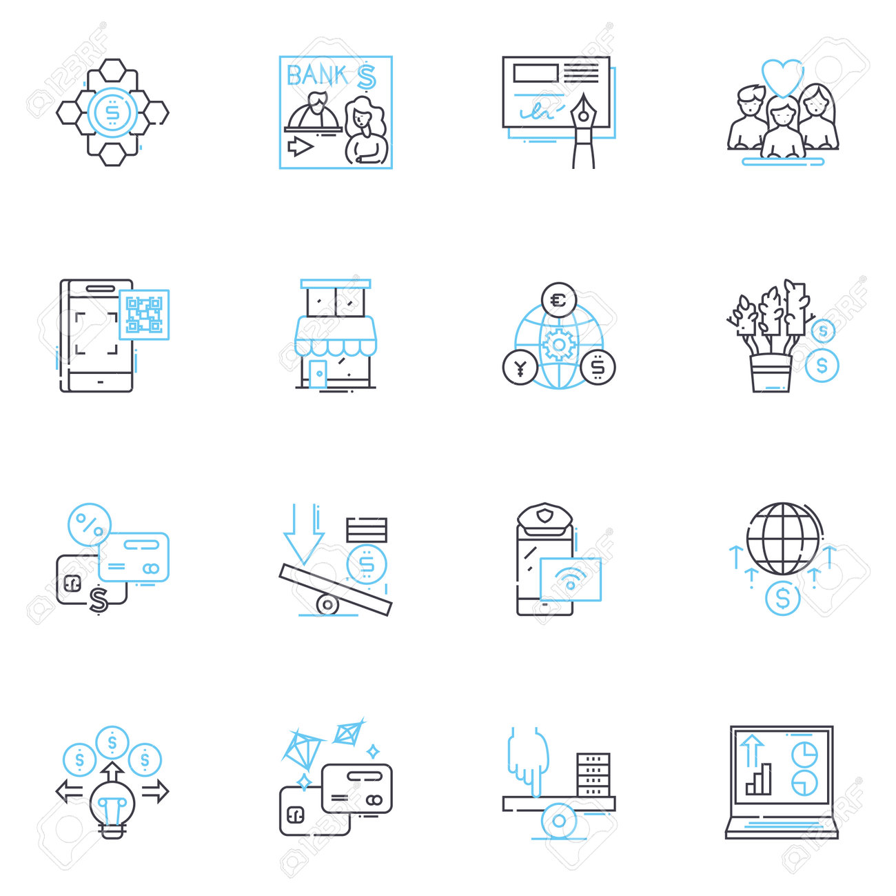 대체 금융 선형 아이콘을 설정합니다. 크라우드 펀딩, P2P 대출, 암호화폐, 소액 금융, 자산 기반 대출, 인보이스 금융, 엔젤 투자  라인 벡터 및 개념 기호. 임팩트 투자, 블록체인, 가맹점 현금 서비스 개요 삽화