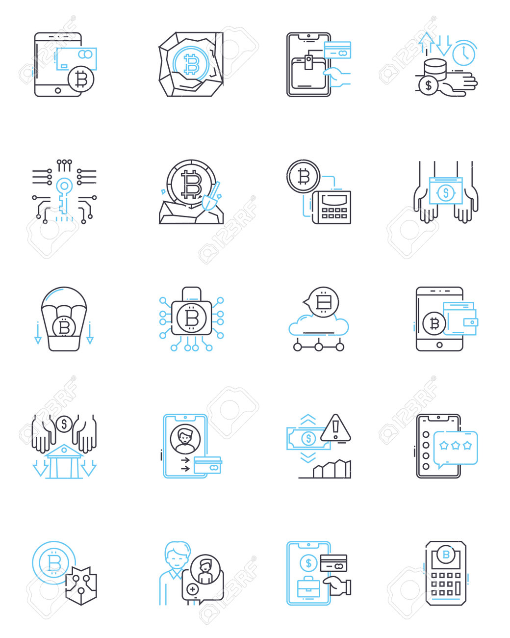 디지털 금융 선형 아이콘을 설정합니다. 암호 화폐, 핀테크, 블록체인, 모바일 결제, 전자 상거래, 디지털 지갑, 온라인 뱅킹 라인  벡터 및 개념 기호. 생체 인식, 사이버 보안, 크라우드 펀딩 개요 그림 로열티 무료
