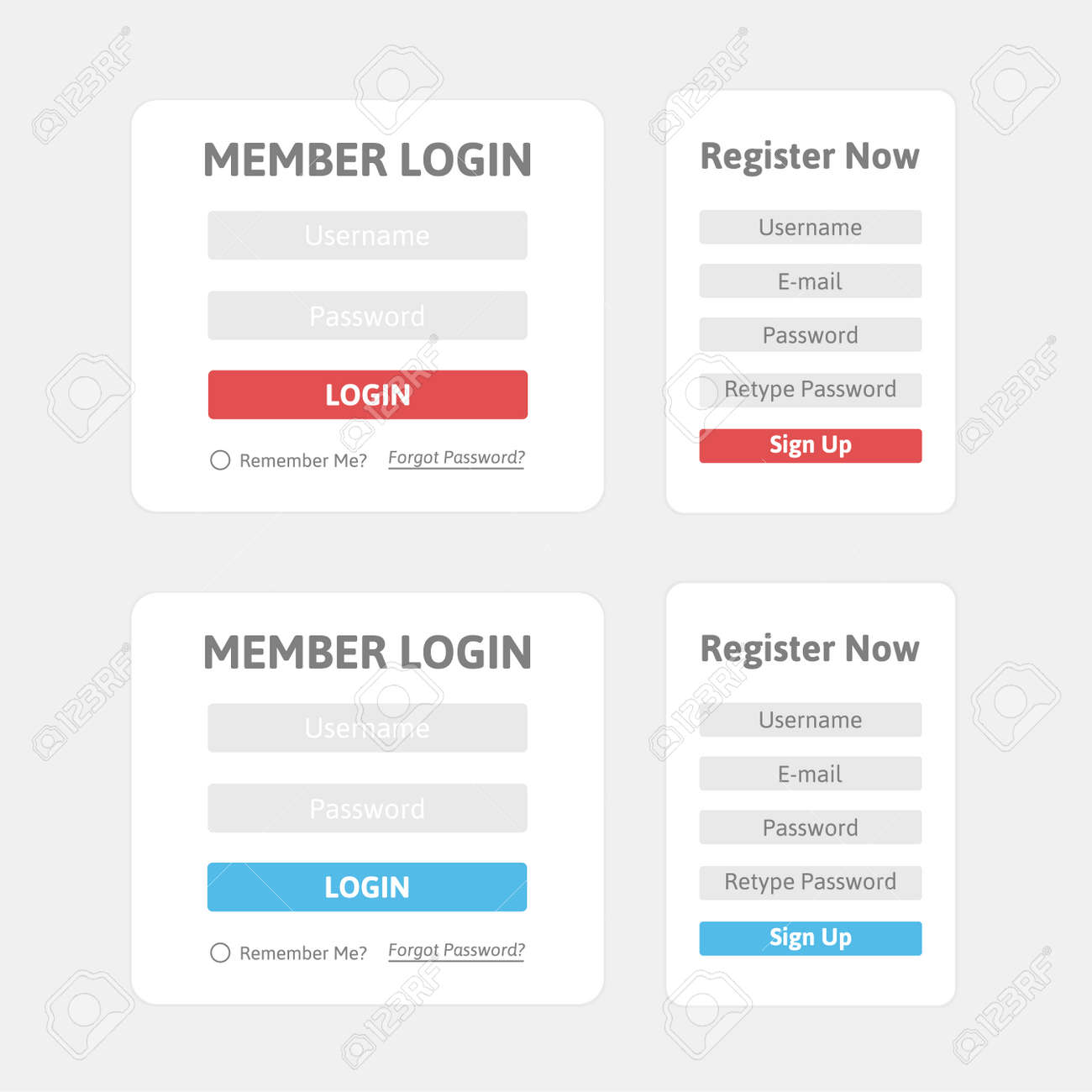 vector set of login and register form template flat design free register form template