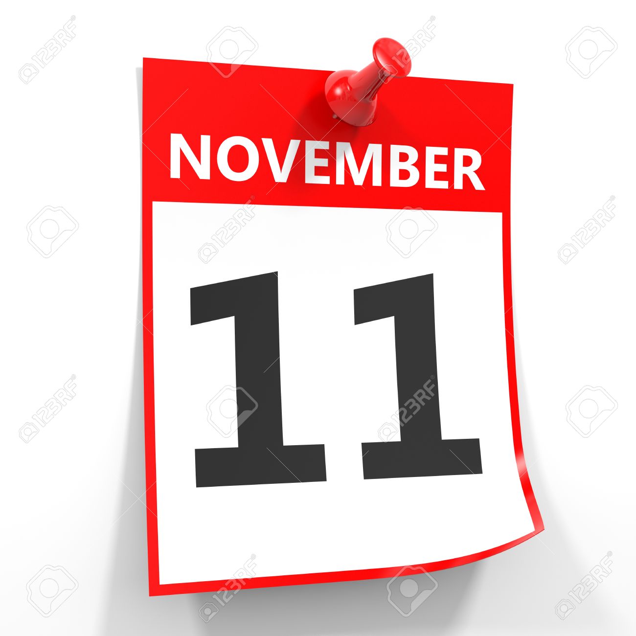 11 november calendar sheet with red pin on white background stock