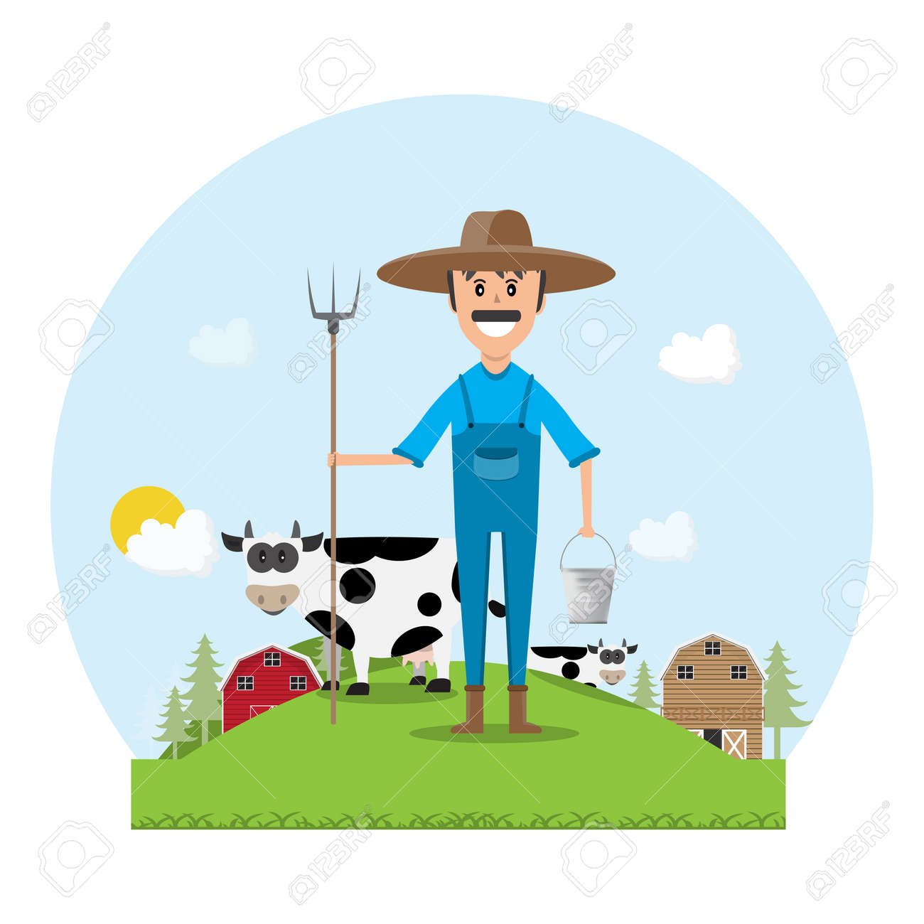 Farmer cartoon character with milk cow in organic rural farm. vector illust...