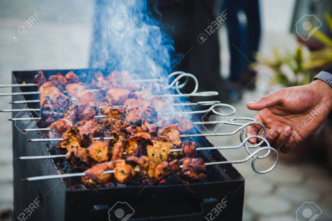 Bbq Chicken Skewers Grilling On A Barbecue On Top Of Charcoal Grill Stock Photo Picture And Royalty Free Image Image 105397015
