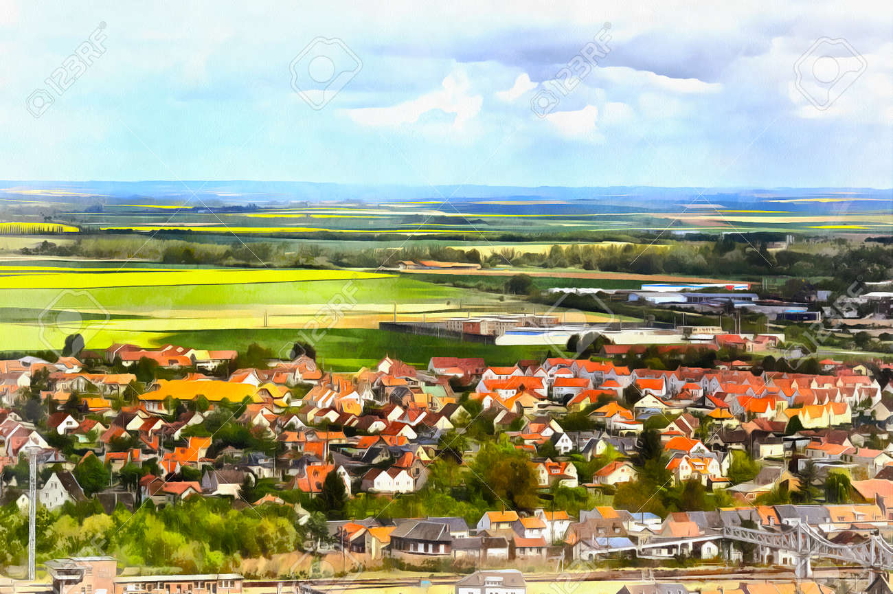 Colorful Painting Of Landscape With Small Town On Foreground Stock Photo Picture And Royalty Free Image Image 76164998