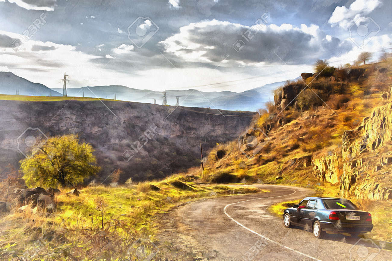 車と山の絵 車と山の絵