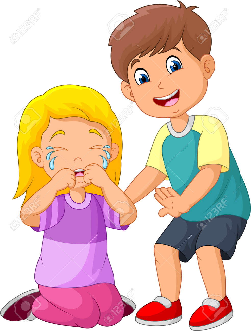 Cartoon little boy comforting a crying girl - 112871804 Cartoon little boy comforting a crying girl - 112871804