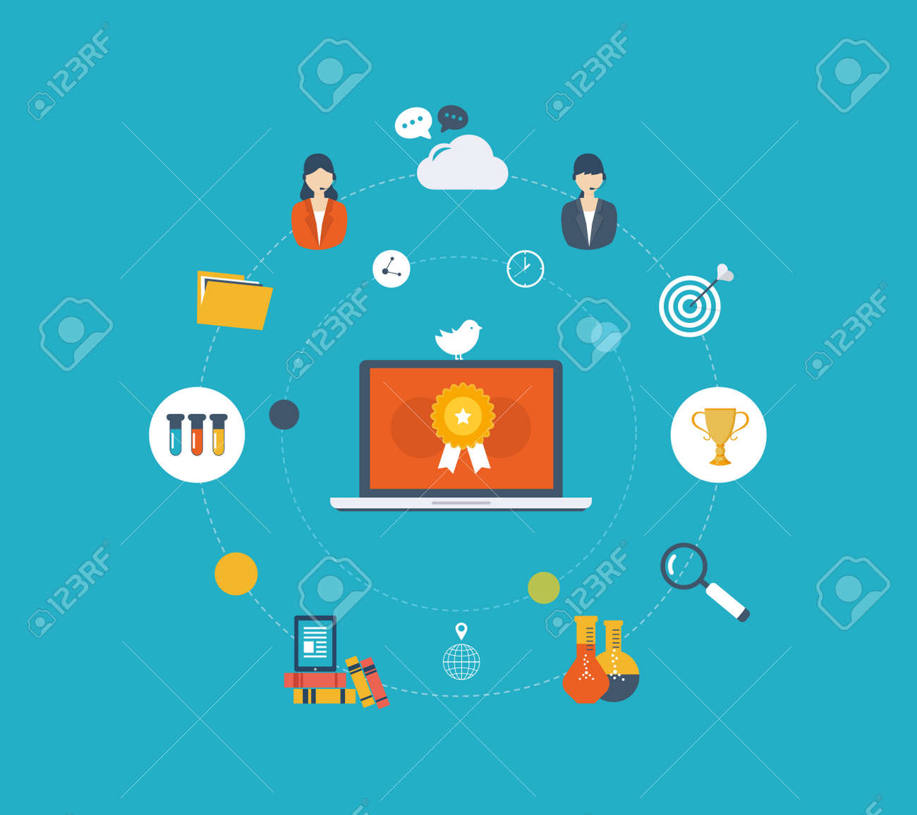 フラットなデザイン現代ベクトル イラスト アイコン セットのオンライン教育と E ラーニング 大学および大学からのオンライン コースは ビデオ オンデマンド フォーラム 通信を提案します のイラスト素材 ベクタ Image