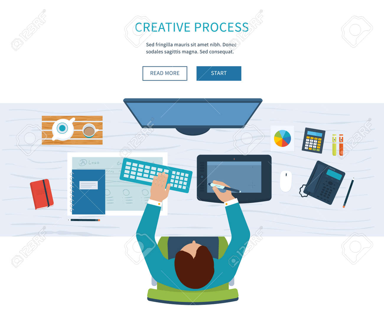 Designer Bureau Espace De Travail Avec Des Outils Et Des Dispositifs Processus Creatif Le Logo Et Le Design Graphique Agence De Design Vue D En Haut La Banniere Clip Art Libres De Droits