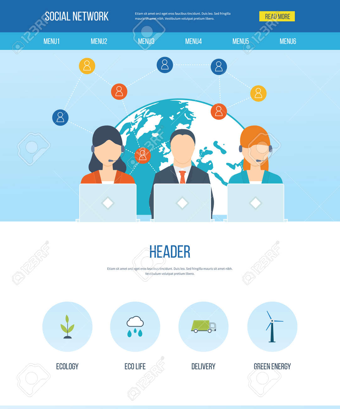 one page web design template with icons of social network and