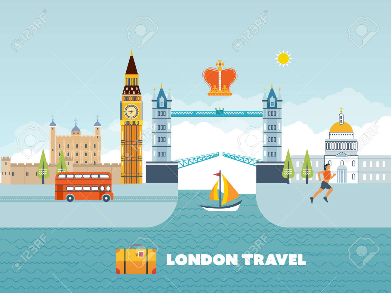 ロンドン市内のフラットなデザイン モダンなロンドンのスカイラインのベクトル イラスト ロンドン旅行 歴史と近代的な建物 のイラスト素材 ベクタ Image