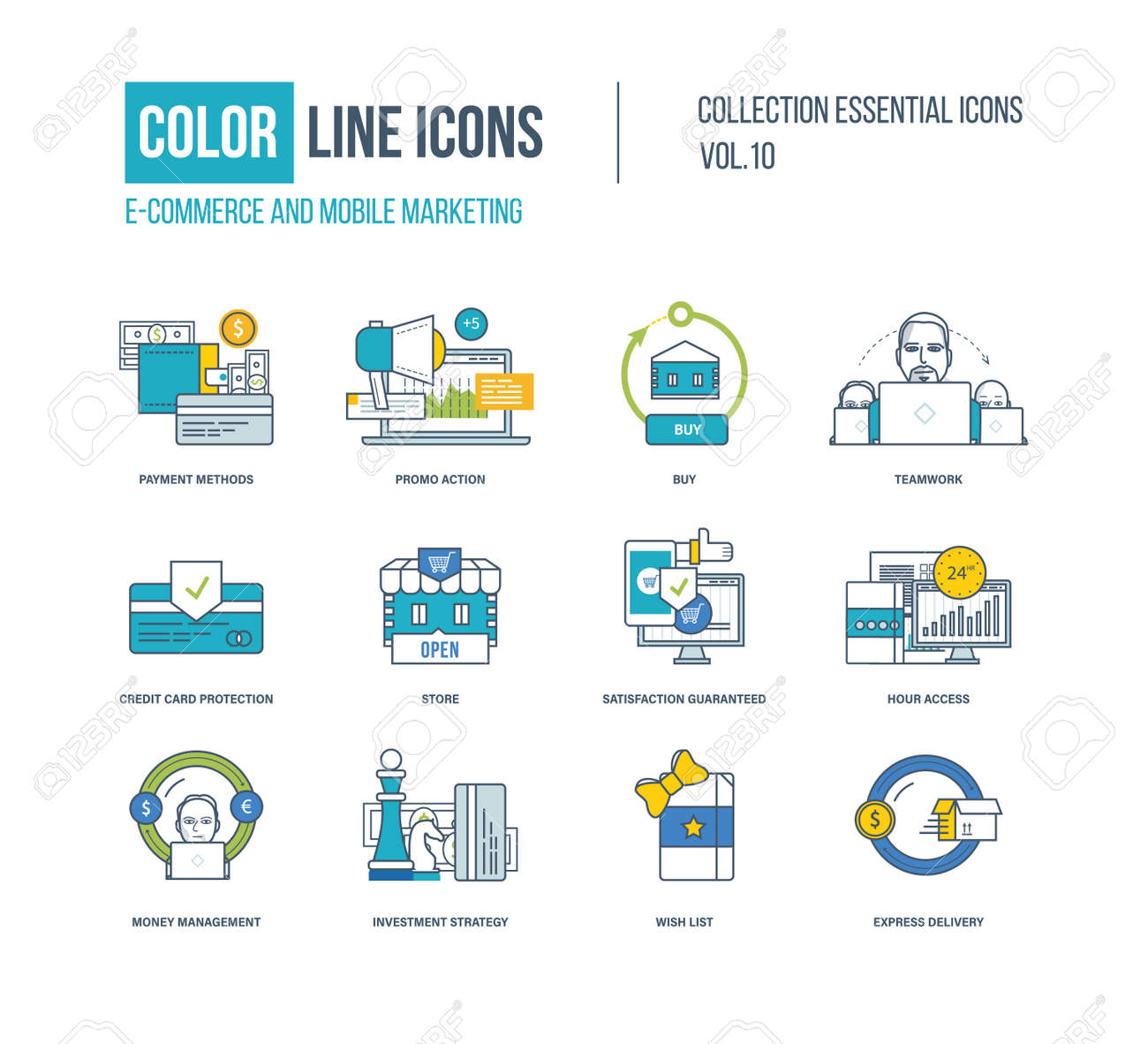 색 선 아이콘을 설정합니다. 전자 상거래, 모바일 마케팅, 투자 전략, 신속 배송, 비즈니스 보호, 자금 관리, 상점 및 보호 카드.  다채로운 로고 및 그림 로열티 무료 사진, 그림, 이미지 그리고 스톡포토그래피. Image