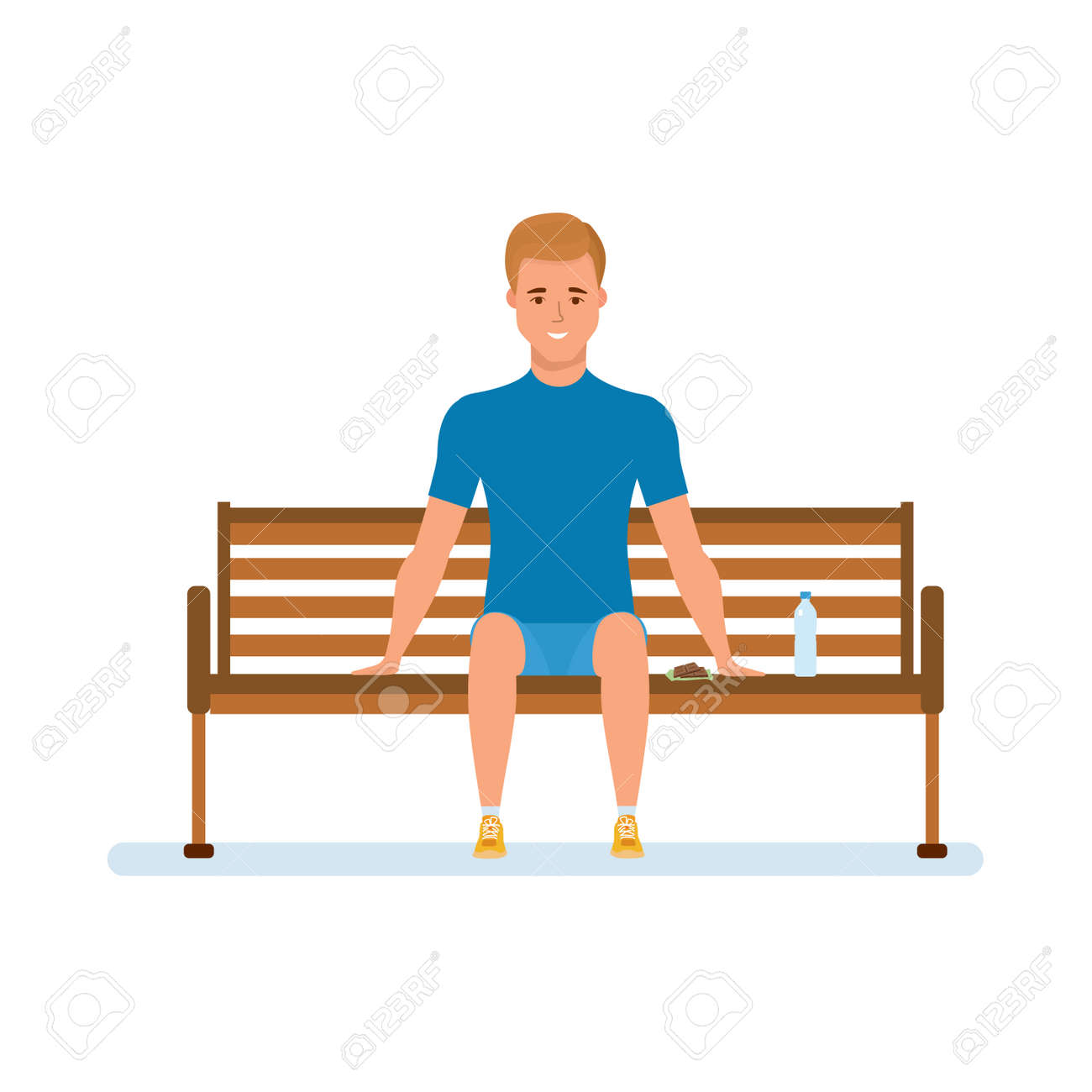 Athlete Repose S Asseoir Sur Un Banc Dans Le Parc Boit De L Eau Se Detend Clip Art Libres De Droits Vecteurs Et Illustration Image 87060368