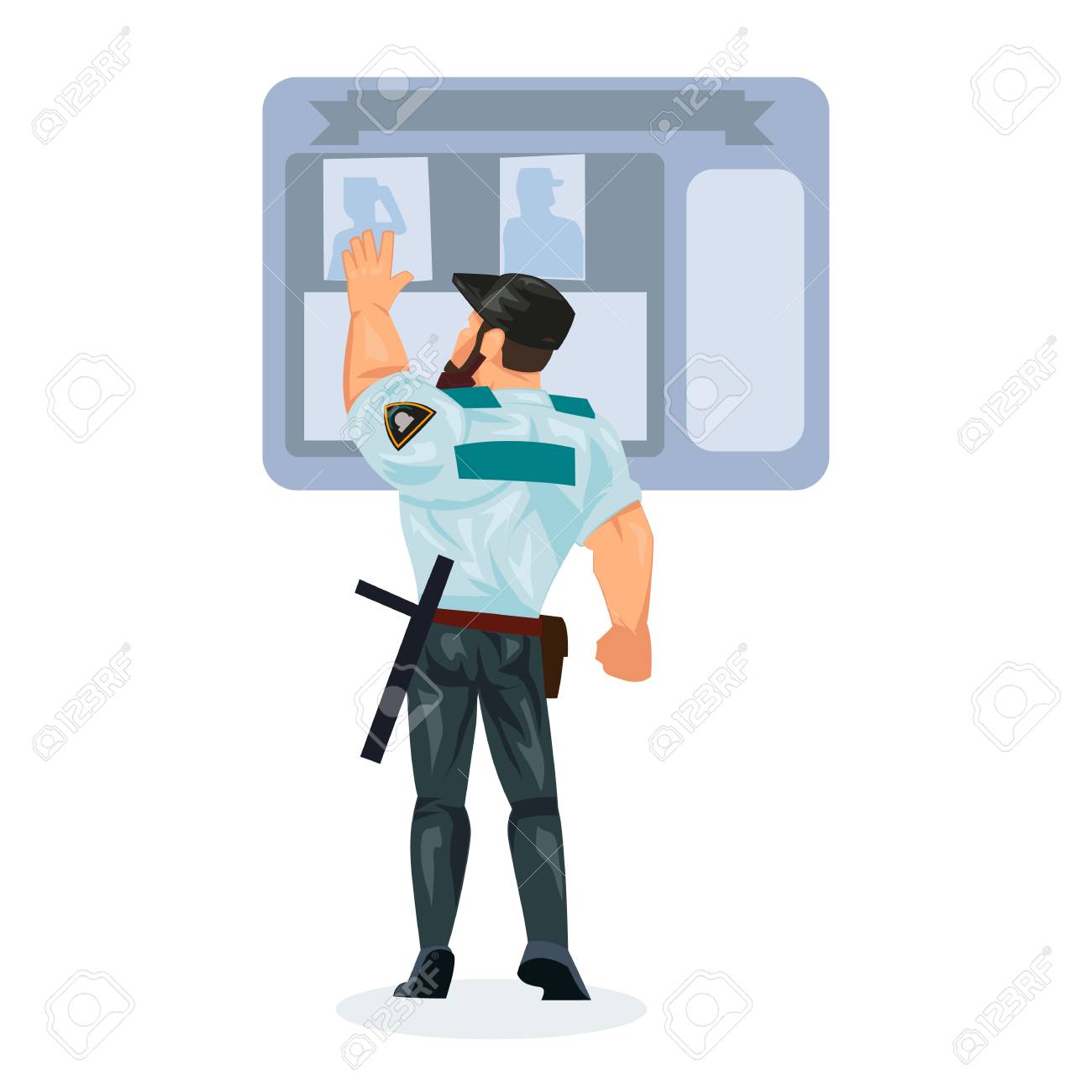 警察官は 作業状況で漫画のキャラクターの人を働かします 警察官は 形 研究 刑事事件 情報ボード データや情報を調査します ベクトルイラスト の イラスト素材 ベクタ Image