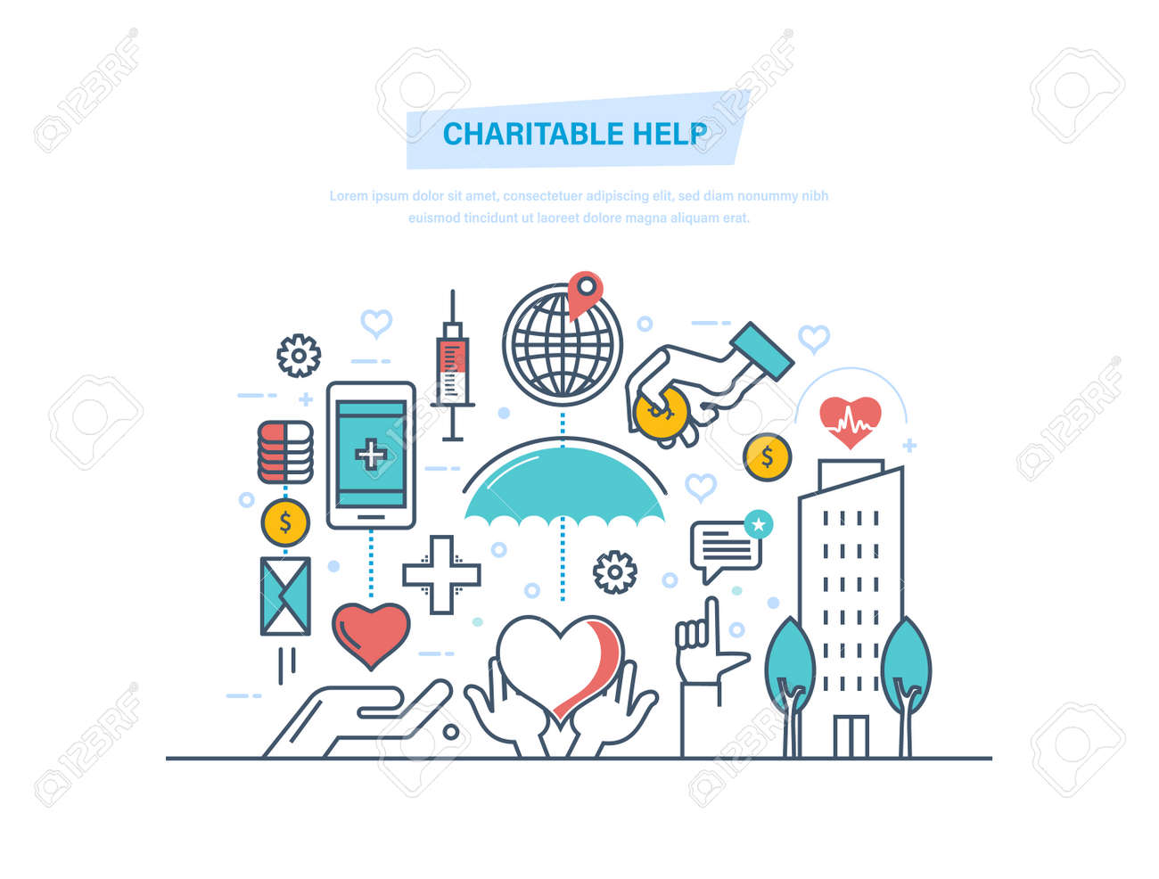 慈善事業の助けだ慈善財団 募金活動 人々を助ける 寄付 財政的な寄付 チャリティー サポート 助け貧しい人々を助ける 無料の医療マネーコインイラスト薄線デザイン のイラスト素材 ベクタ Image