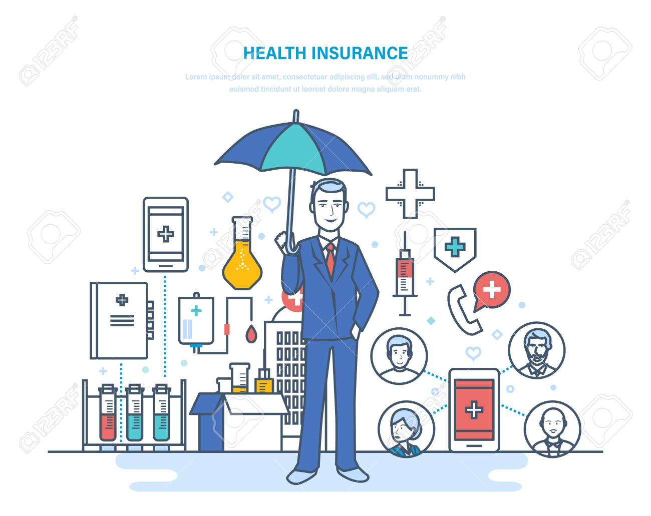 Health Insurance Concept Man In Suit With Umbrella With Health Care Icons On Background Vector Illustration Royalty Free Cliparts Vectors And Stock Illustration Image 97587375
