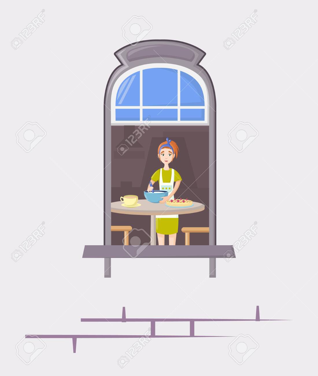 Neighbors in windows of old house. House building facade with open windows and with people. - 146426221 Neighbors in windows of old house. House building facade with open windows and with people. - 146426221