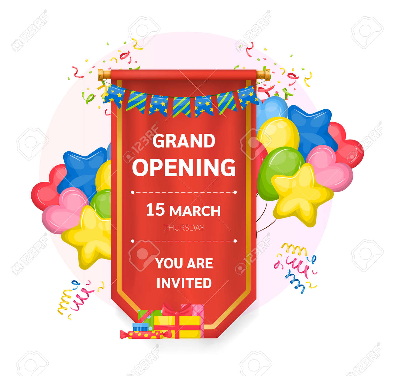 Realistic red pennant textile flag, grand opening label. Advertising canvas opening banners vector - 146818596 Realistic red pennant textile flag, grand opening label. Advertising canvas opening banners vector - 146818596