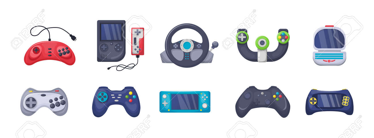 Game console objects set. Gamepad, playing joystick, video console, joy video games gadgets - 146818614 Game console objects set. Gamepad, playing joystick, video console, joy video games gadgets - 146818614
