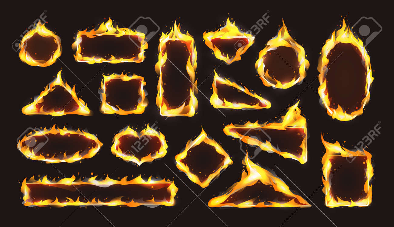 Red realistic flame frame set. Flames of various shapes with special light effect on dark background. - 146818681 Red realistic flame frame set. Flames of various shapes with special light effect on dark background. - 146818681