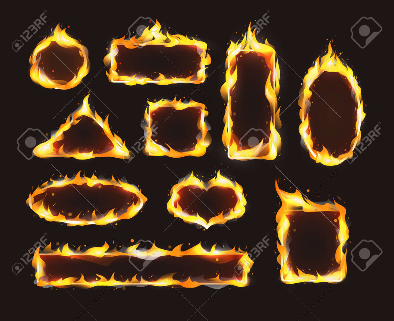 Red realistic flame frame set. Flames of various shapes with special light effect on dark background. - 146818682 Red realistic flame frame set. Flames of various shapes with special light effect on dark background. - 146818682