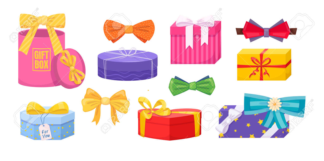 Gift box with tie bow. Present wrapped gift box differents shapes with ribbons, bows. - 147081839 Gift box with tie bow. Present wrapped gift box differents shapes with ribbons, bows. - 147081839