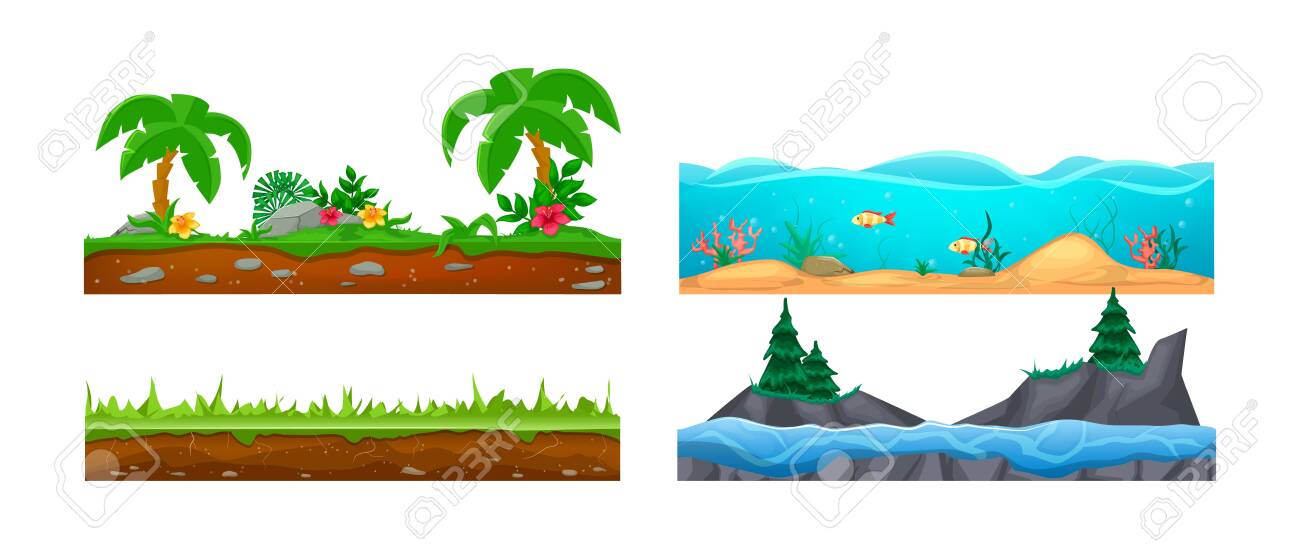 Game landscape, gaming interface. Landscape for 2D games. Scenery with cactus, soil, sandy ground, lava vector - 148570219 Game landscape, gaming interface. Landscape for 2D games. Scenery with cactus, soil, sandy ground, lava vector - 148570219