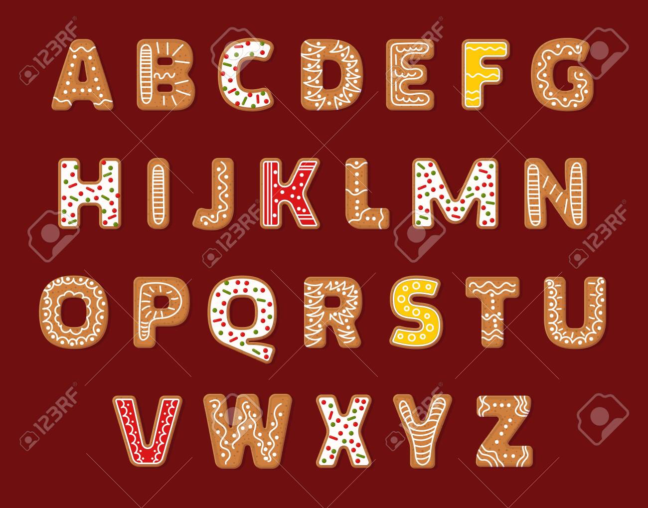 Gingerbread holidays cookies font alphabet, Christmas or New Year winter food. Figures decorated glazed sugar vector - 149818128 Gingerbread holidays cookies font alphabet, Christmas or New Year winter food. Figures decorated glazed sugar vector - 149818128