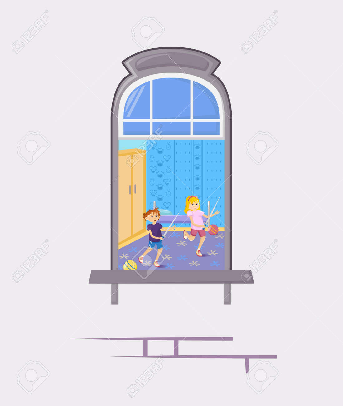Vecinos En Ventanas De Casa Antigua. Fachada Del Edificio De La Casa Con Ventanas Abiertas Con Personas. Personajes De Dibujos Animados, Niños Pequeños, Niños Y Niñas Juegan A Correr Unos Tras Otros Vecinos En Ventanas De Casa Antigua. Fachada Del Edificio De La Casa Con Ventanas Abiertas Con Personas. Personajes De Dibujos Animados, Niños Pequeños, Niños Y Niñas Juegan A Correr Unos Tras Otros