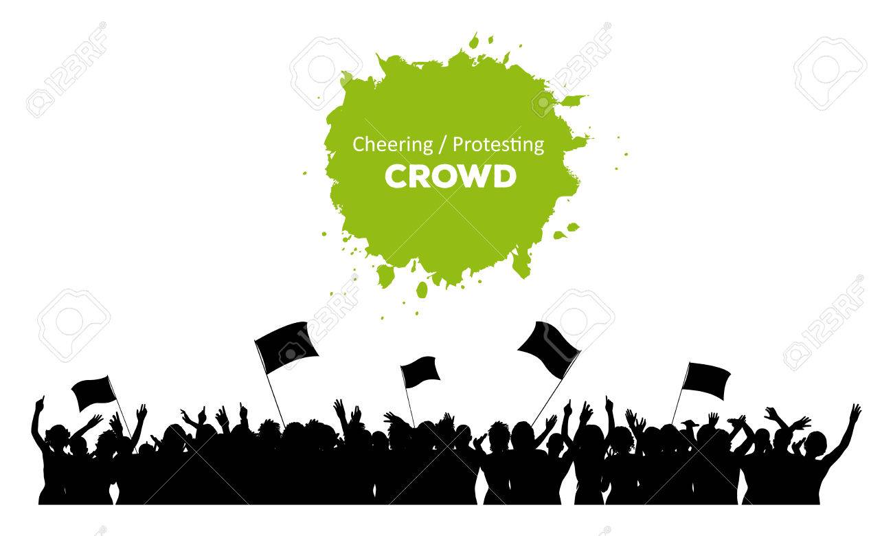 応援旗やバナーで観客を抗議のシルエット のイラスト素材 ベクタ Image