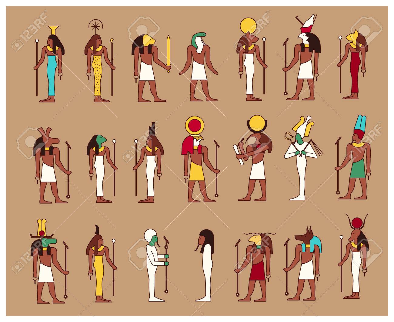 Ensemble De 21 Anciens Dieux Egypte Male Et Femelle Dessine Dans Le Style Egyptien Classique Clip Art Libres De Droits Vecteurs Et Illustration Image