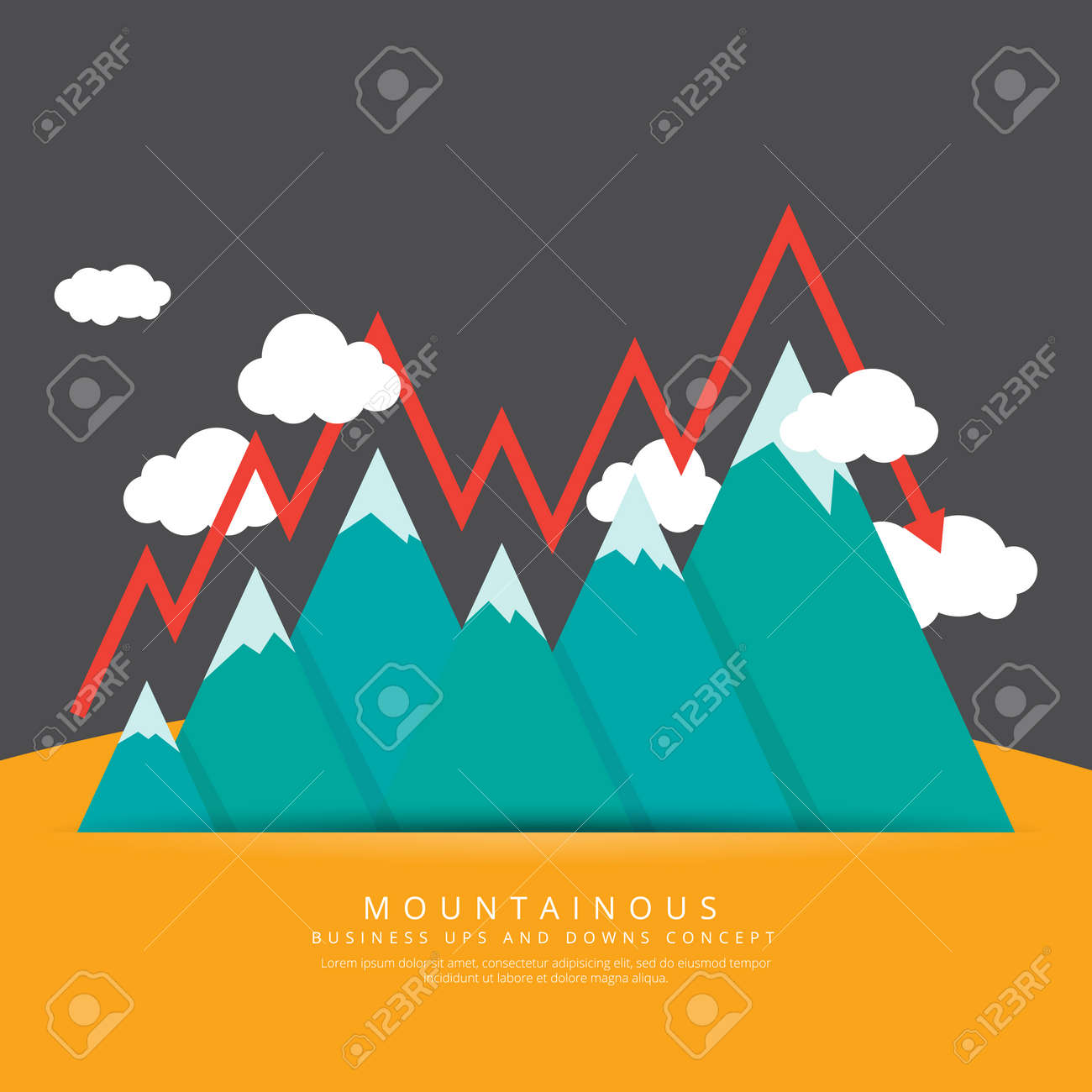 Vector Illustration Of Mountain Range With Conceptual Ups And