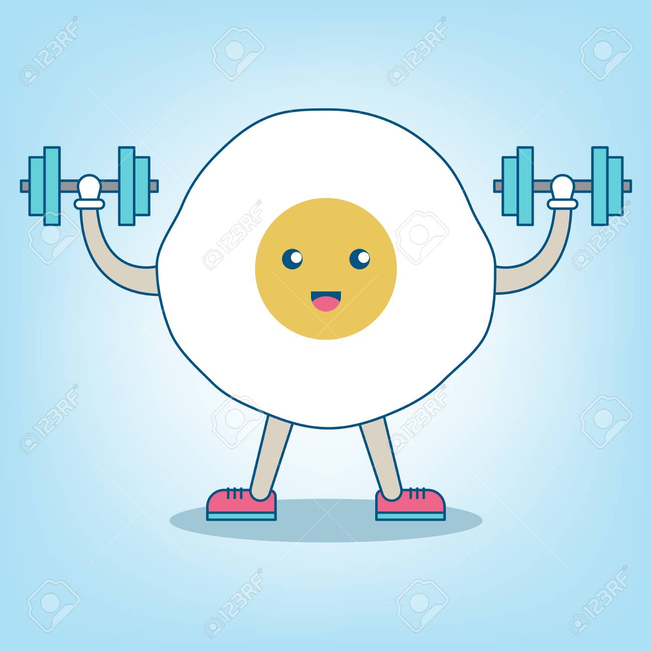 卵は 青の背景にダンベルを持ち上げます フィットネス スポーツ テーマ ベクトル イラスト のイラスト素材 ベクタ Image