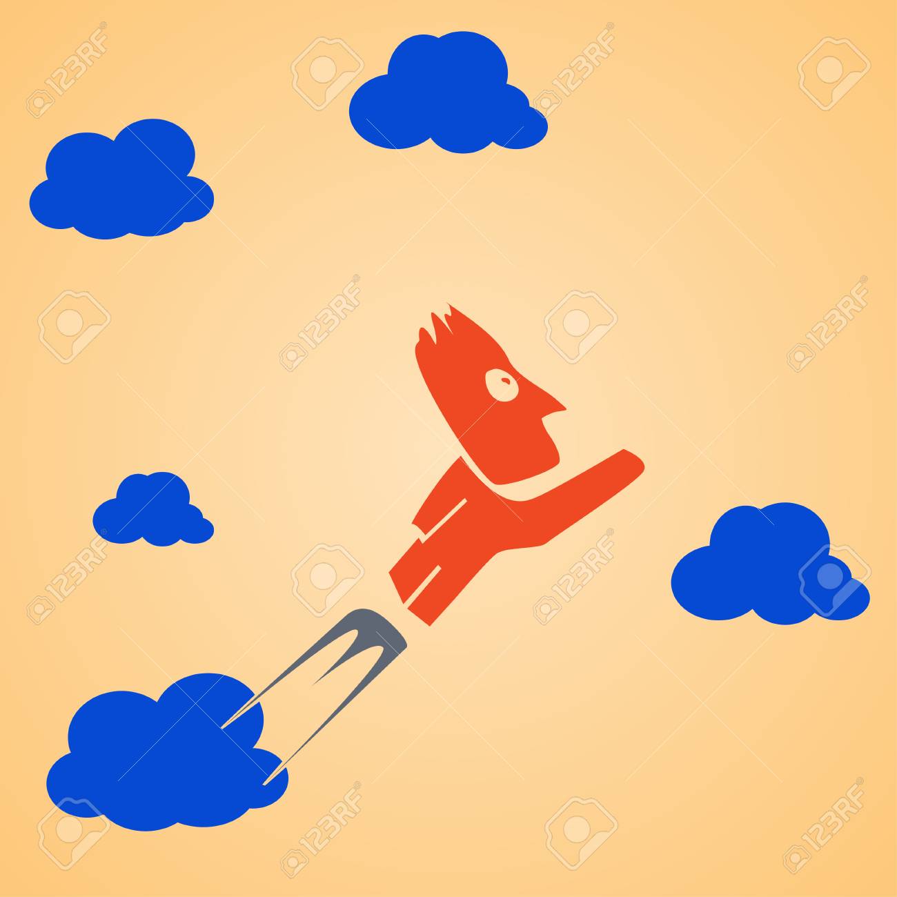 雲と空飛ぶビジネスマンのイラストを漫画します 赤い人と青い雲のイラスト素材 ベクタ Image