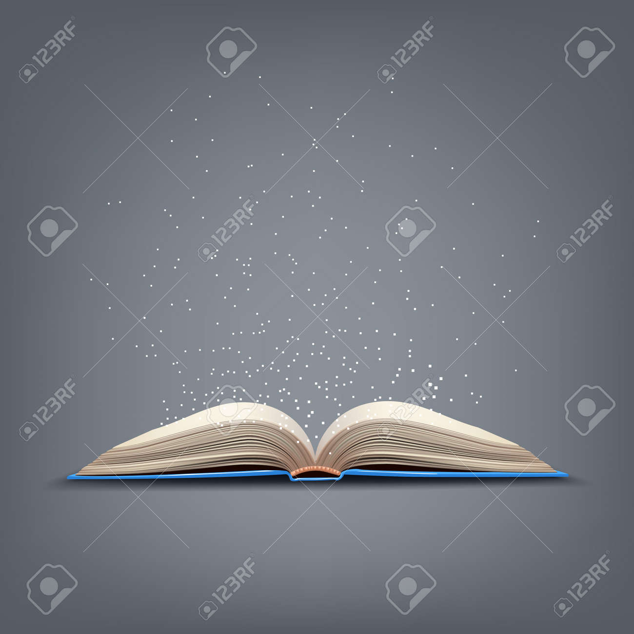 いくつかの光の要素を持つ灰色の背景の上に横たわるブルーの開いた本のイラスト のイラスト素材 ベクタ Image
