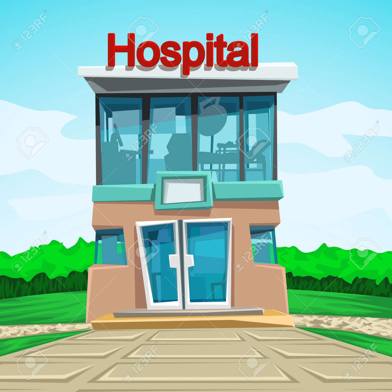 Illustration Of Cartoon Hospital Central Entrance View On Colorful Nature  Background Royalty Free SVG, Cliparts, Vectors, And Stock Illustration.  Image 111636106.