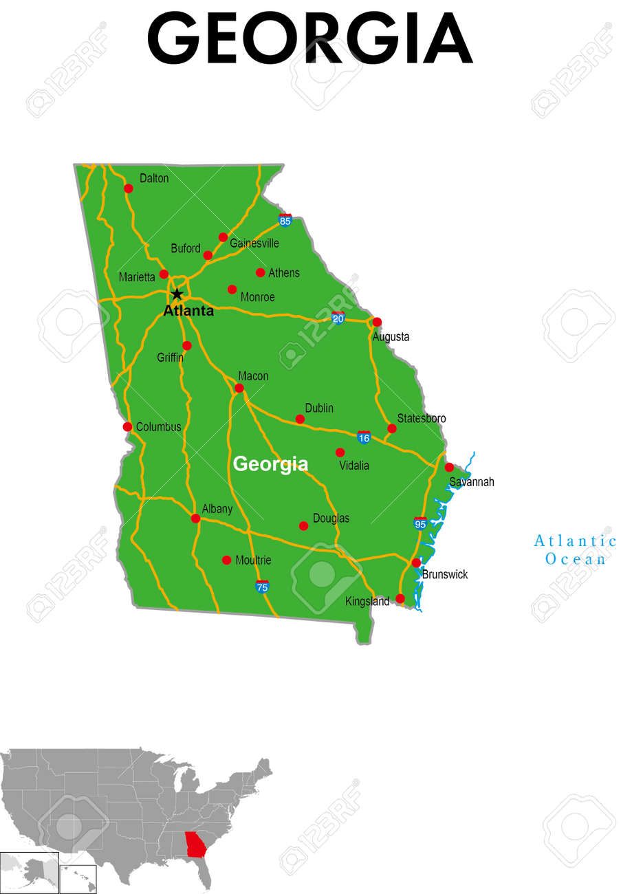 A Map Of Georgia In The United States. It Depicts The State Capital, Major  Cities, Highways, Highways, Lakes, And More. Royalty Free SVG, Cliparts,  Vectors, and Stock Illustration. Image 152016578., image size:903x1300