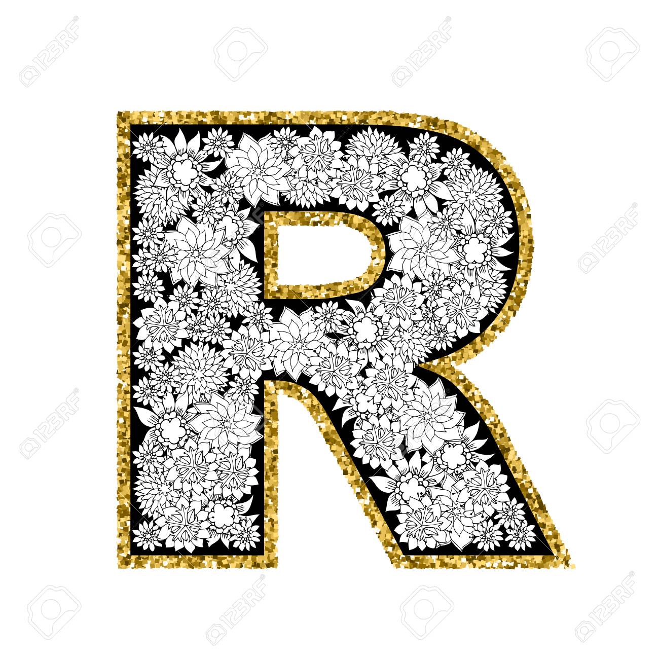 手描き花アルファベット デザインです 金きらびやかな輪郭 手紙 R ベクトル Eps8 イラスト のイラスト素材 ベクタ Image