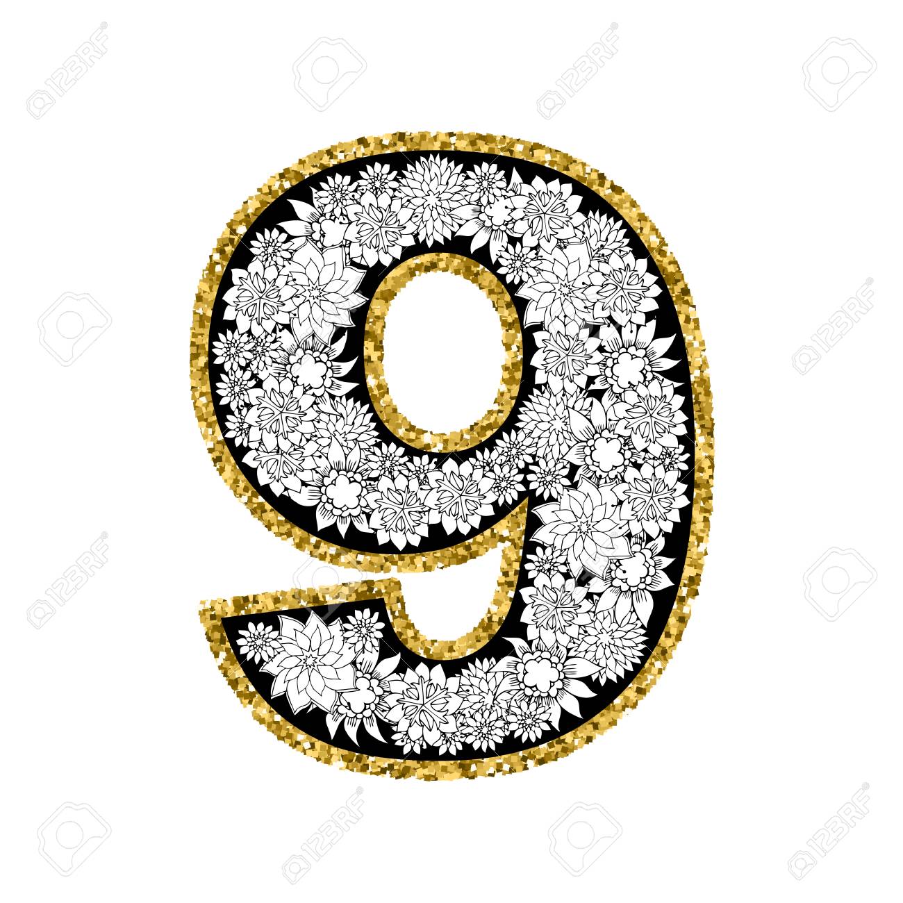 手には アルファベットのデザインが描かれました 9 桁の数字 金きらびやかな輪郭 効果を点描します ベクトル Eps8 イラスト のイラスト素材 ベクタ Image