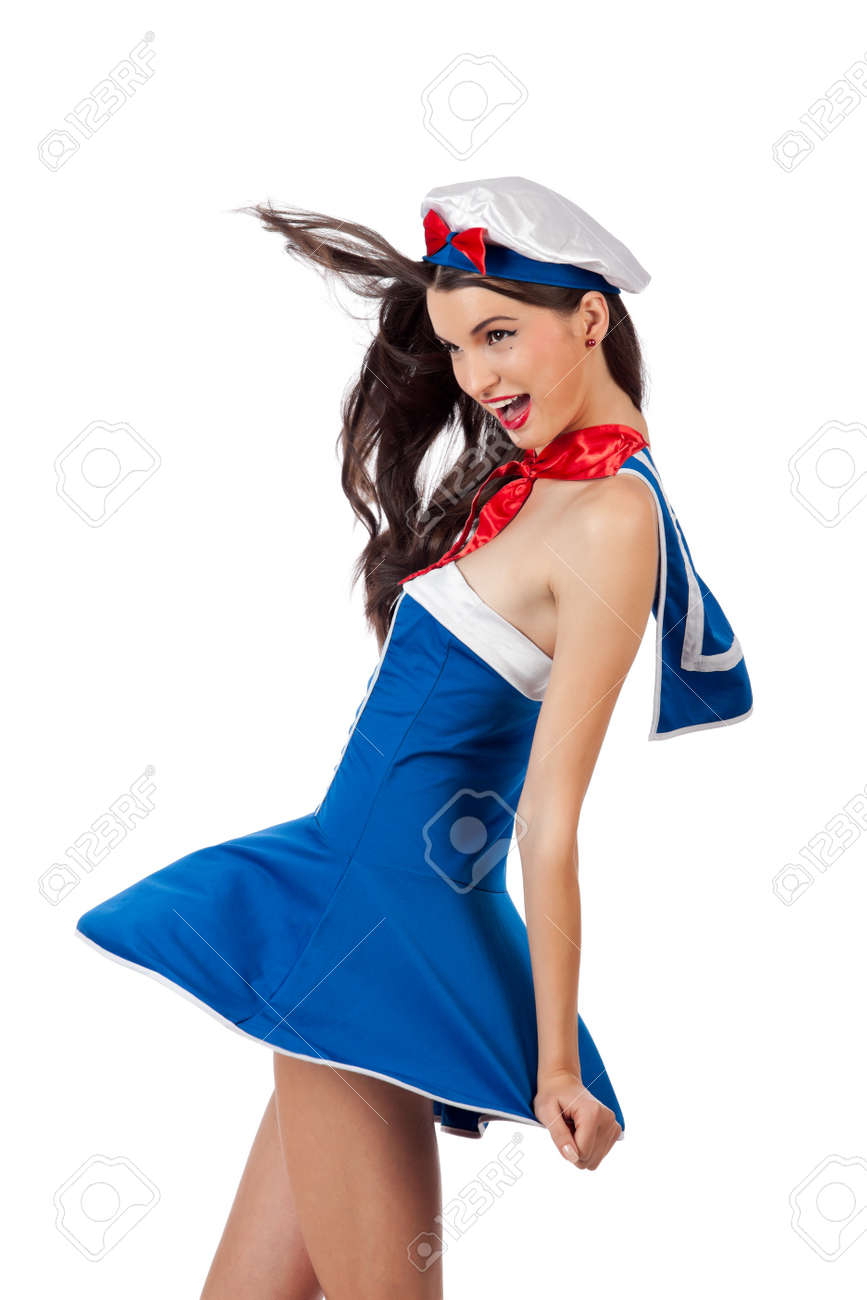 高解像度　画像　女 元気な若い水夫風の女性。スタジオで撮影された高解像度写真。広告のコピー スペースと白で隔離の写真素材・画像素材 Image 12008674