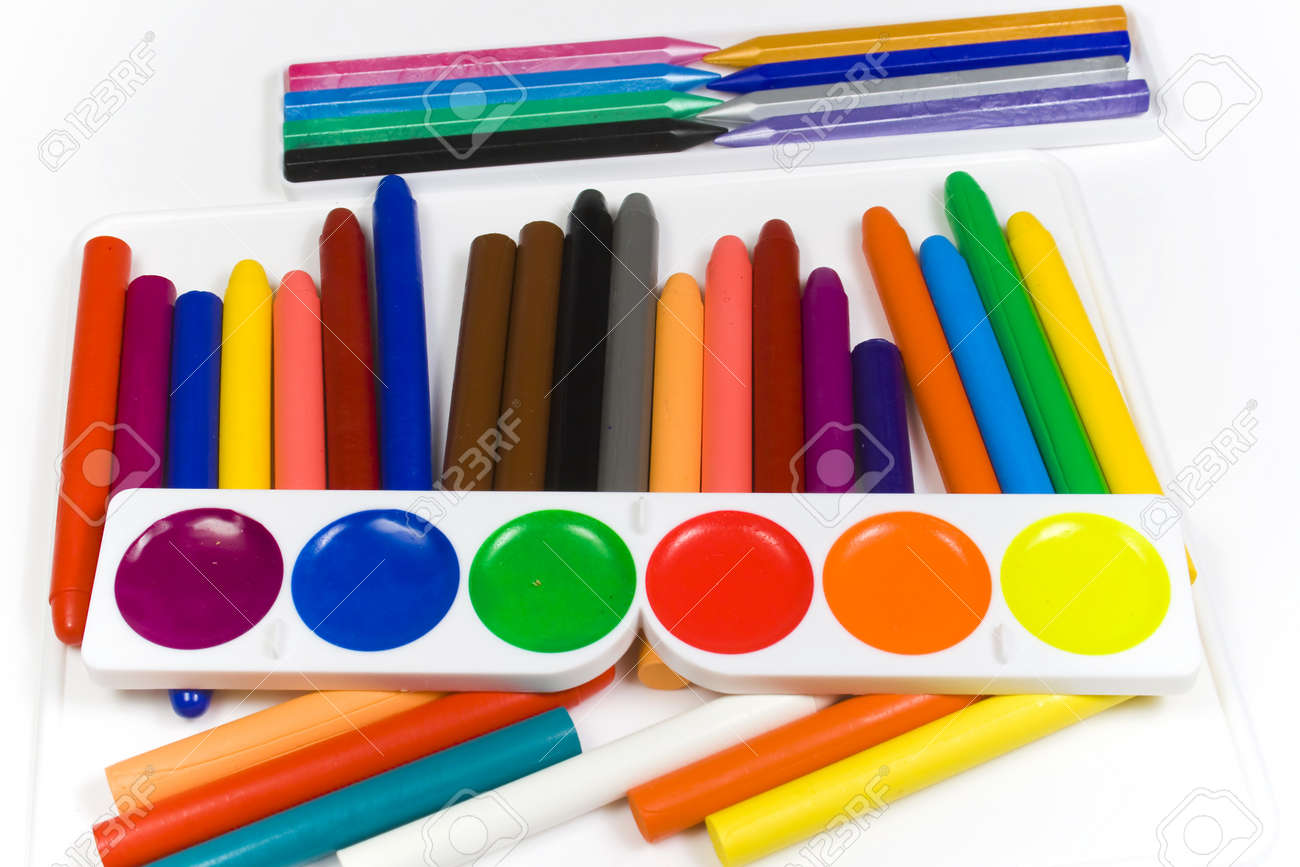 蛍光塗料 油鉛筆と白いワックス真珠クレヨン の写真素材 画像素材 Image