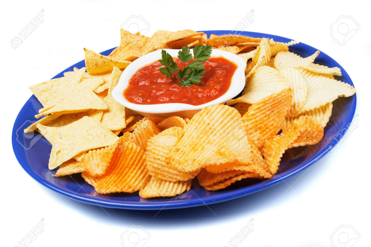 自家製サルサのディップ ソース添えフライド ポテト チップ の写真素材 画像素材 Image