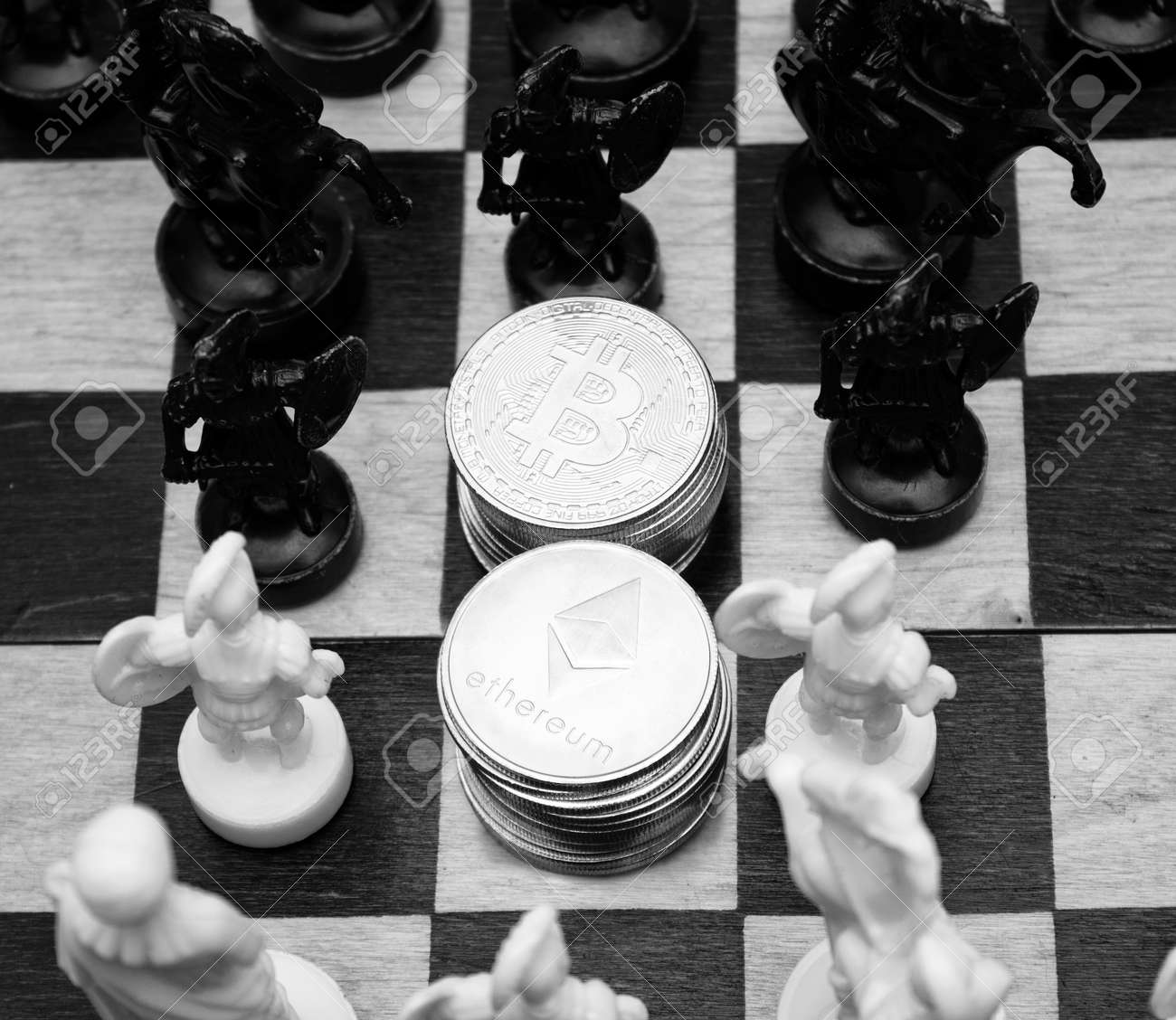 Ethereum Coins And Bitcoins On A Chessboard Stock Photo, Picture and  Royalty Free Image. Image 169694279.