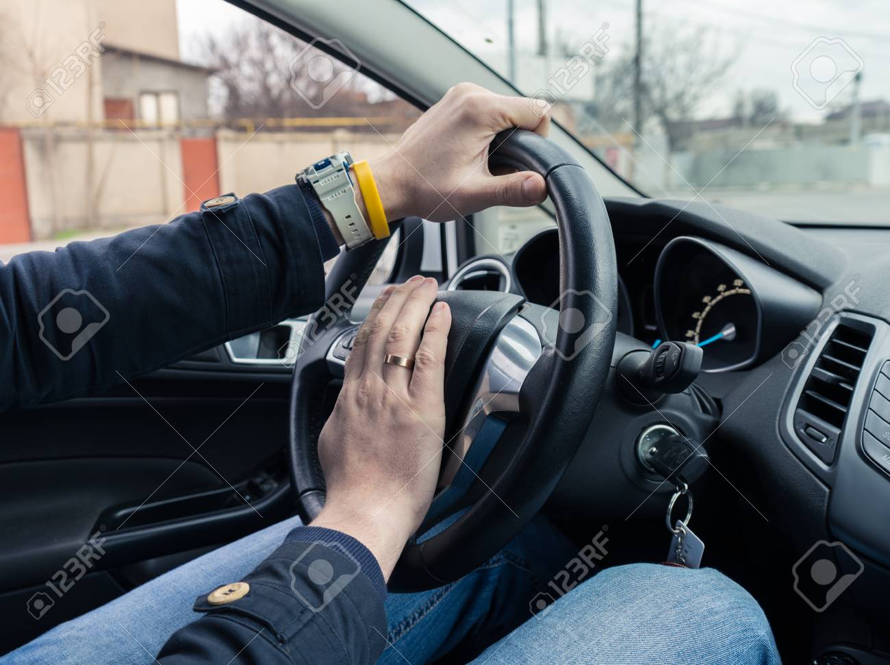 nervous man driver pushing car horn stock photo picture and royalty